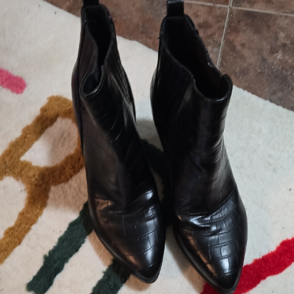 Black Croc-Embossed Ankle Boots